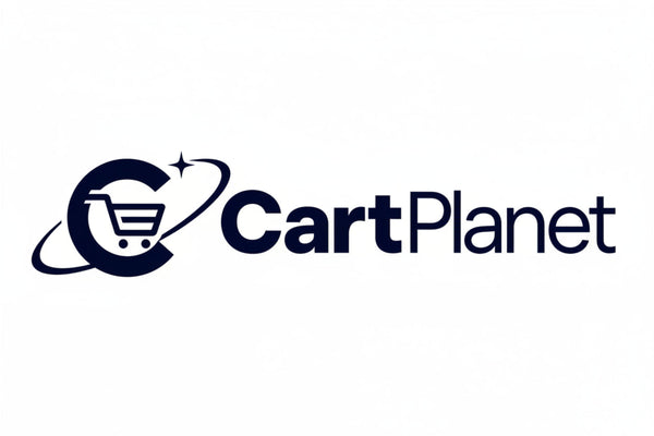 White CartPlanet logo with a shopping cart icon and orbit graphic on a dark navy blue background.