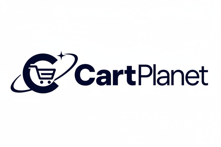 White CartPlanet logo with a shopping cart icon and orbit graphic on a dark navy blue background.